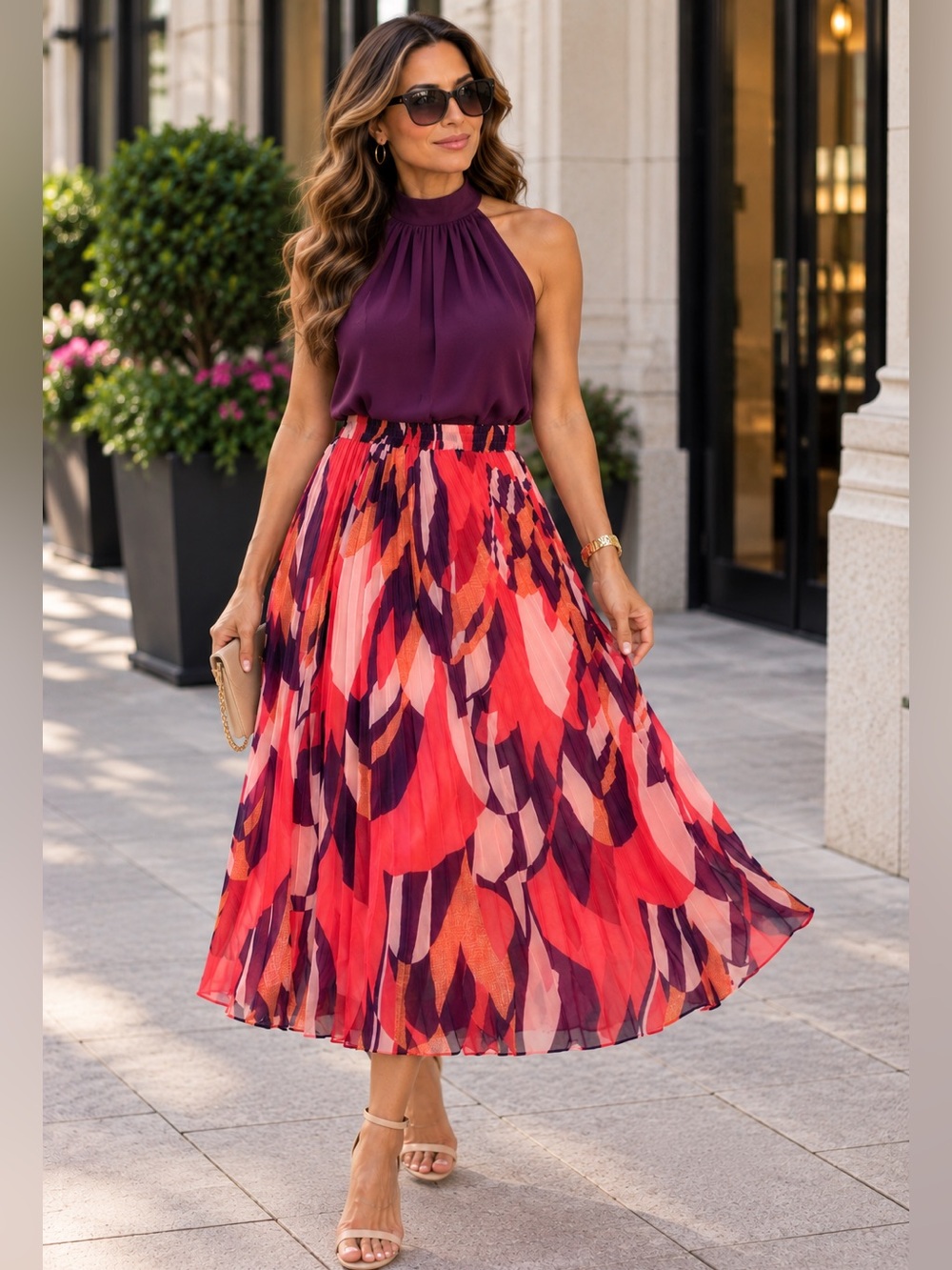 Truly 4 You Abstract Pleated Midi Skirt Pink Red Purple Size L NWOT